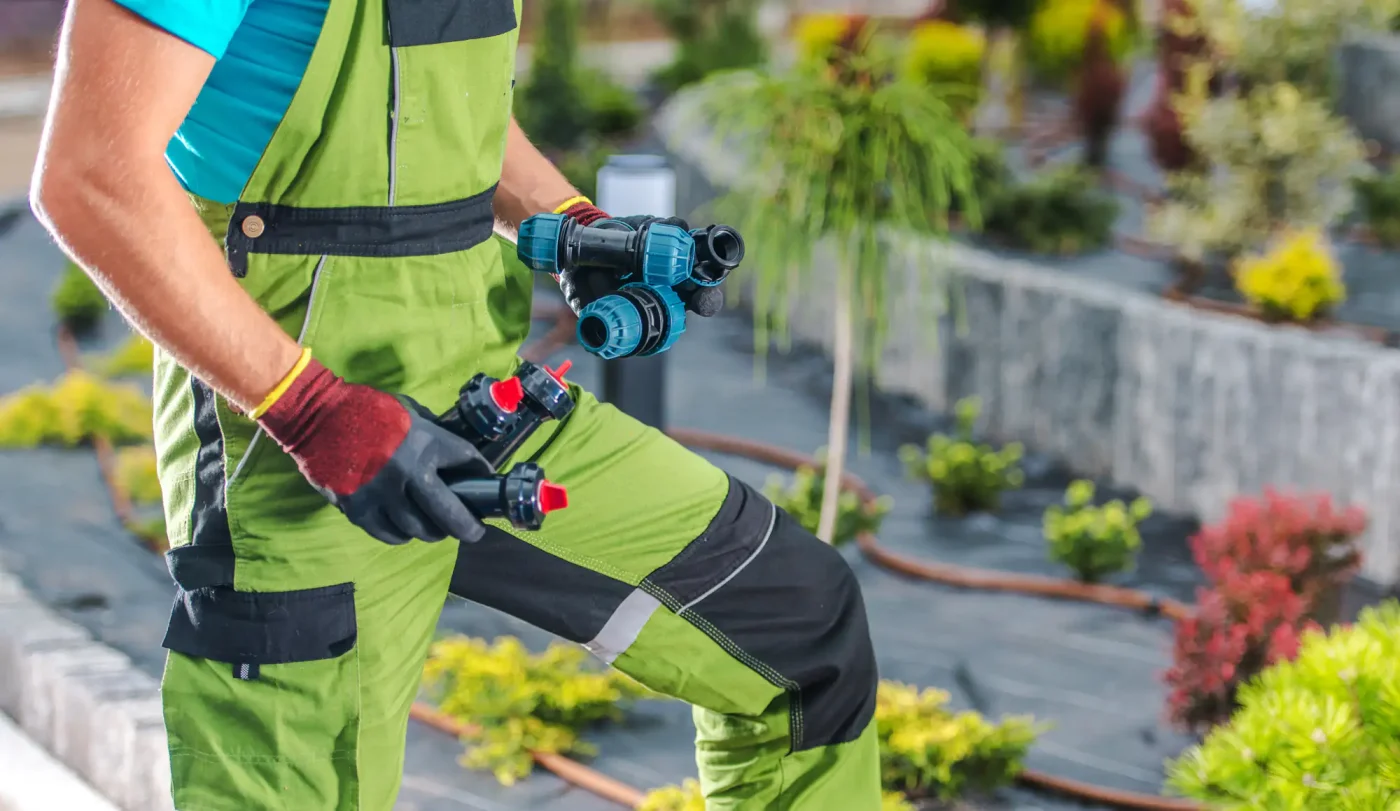 A person in green overalls waters plants with drip hoses, demonstrating sprinkler repair skills.