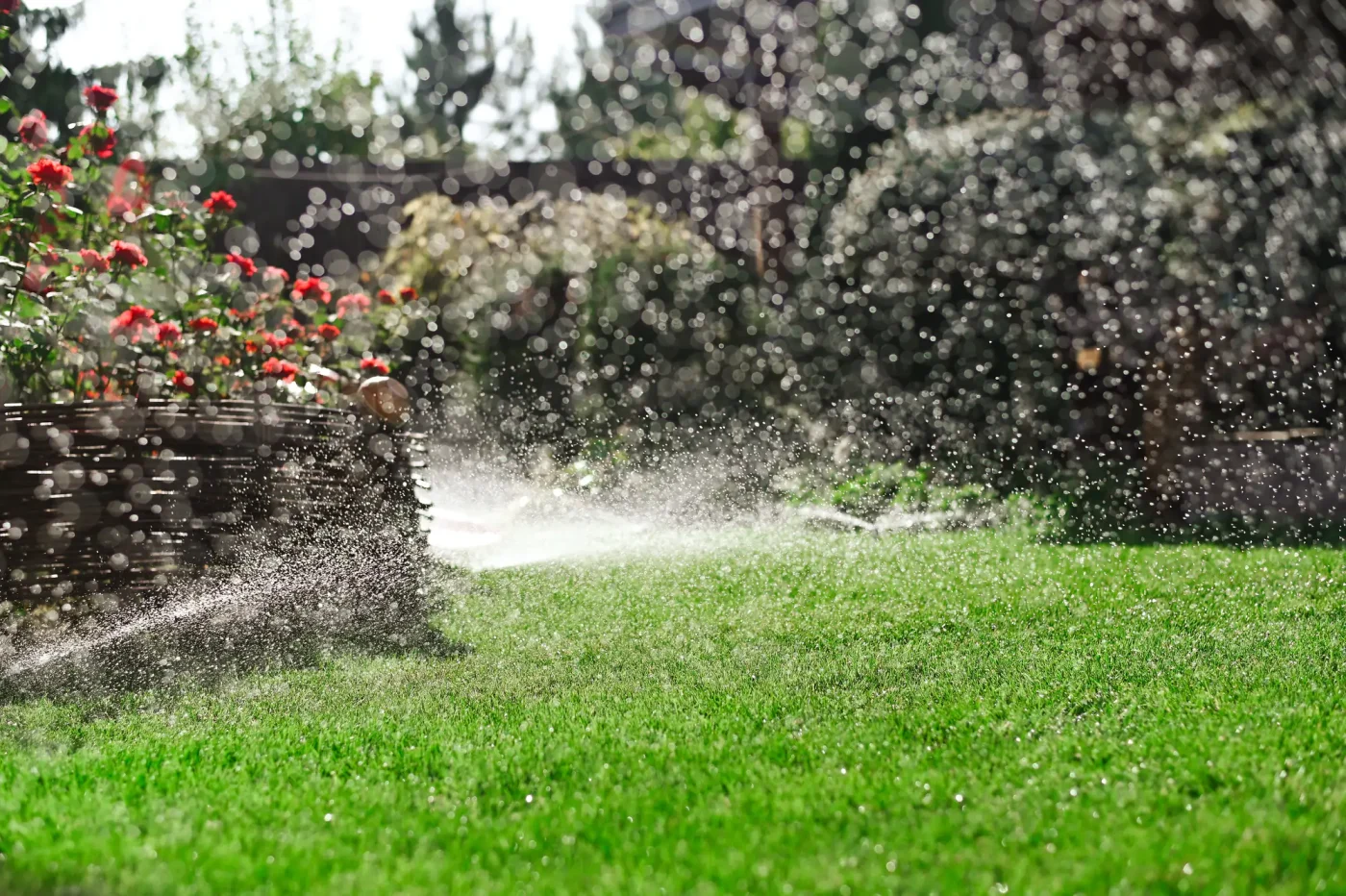 A water sprinkler mists a lush green lawn, illustrating quality sprinkler systems in Palm Beach County, FL.
