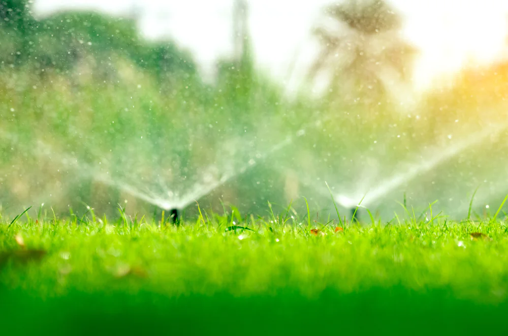 Sprinkler system waters green grass in Palm Beach County, FL, with sunlit droplets visible in the air.