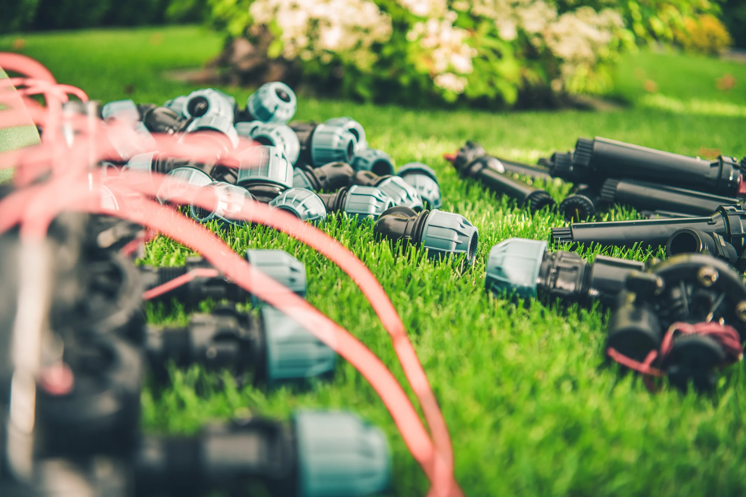 Sprinkler system parts and tubing lie on green grass, ready for sprinkler repair in Palm Beach County, FL.