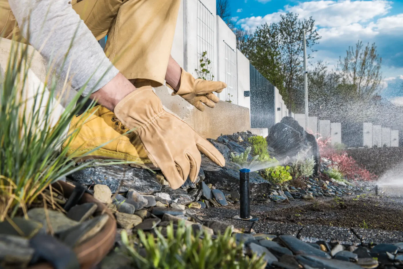Person wearing gloves and boots adjusts a sprinkler system in Palm Beach County, FL on a landscaped lawn area.