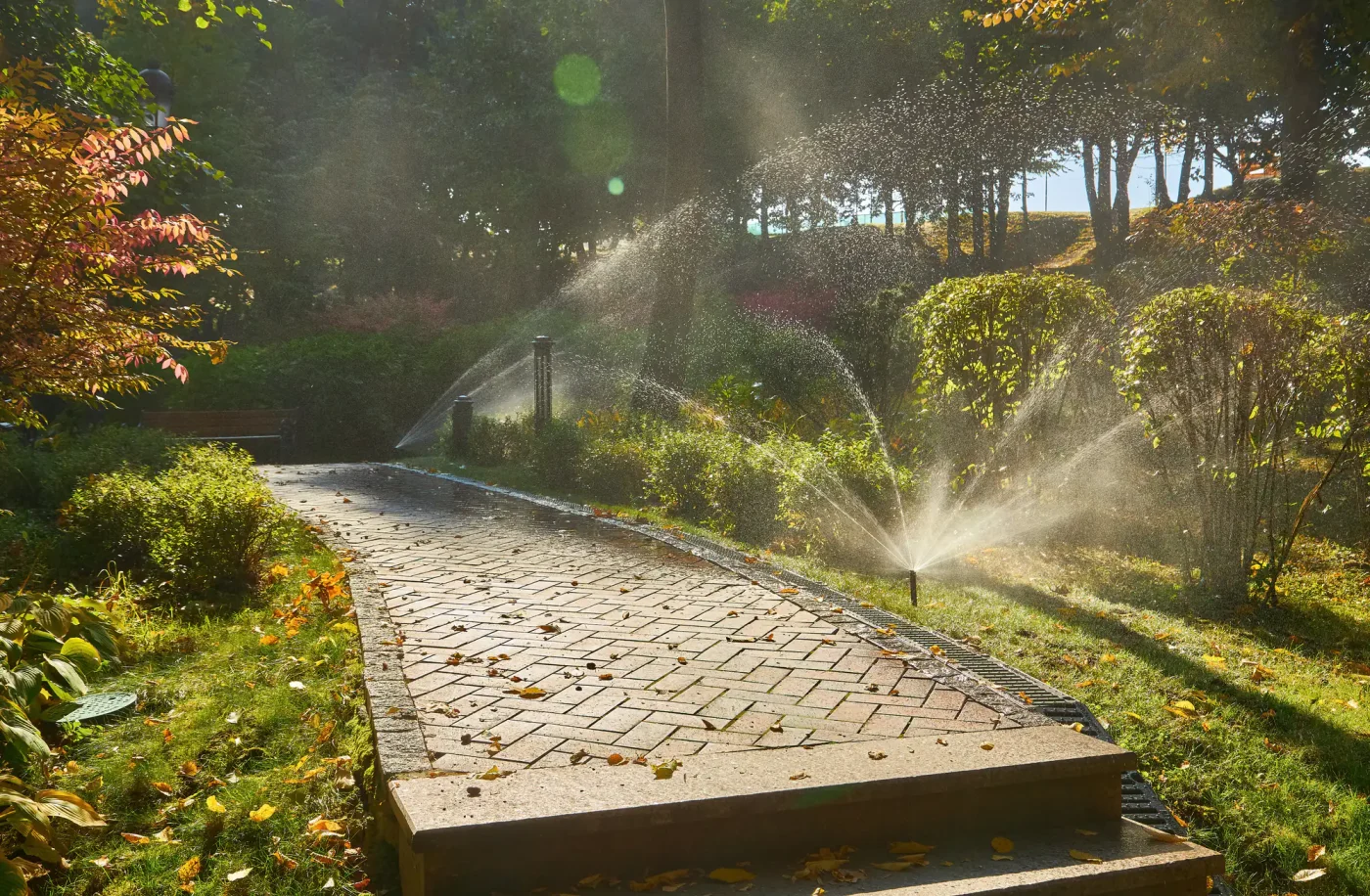 Sprinkler systems in Palm Beach County, FL watering green plants along a sunlit brick pathway in a lush garden.