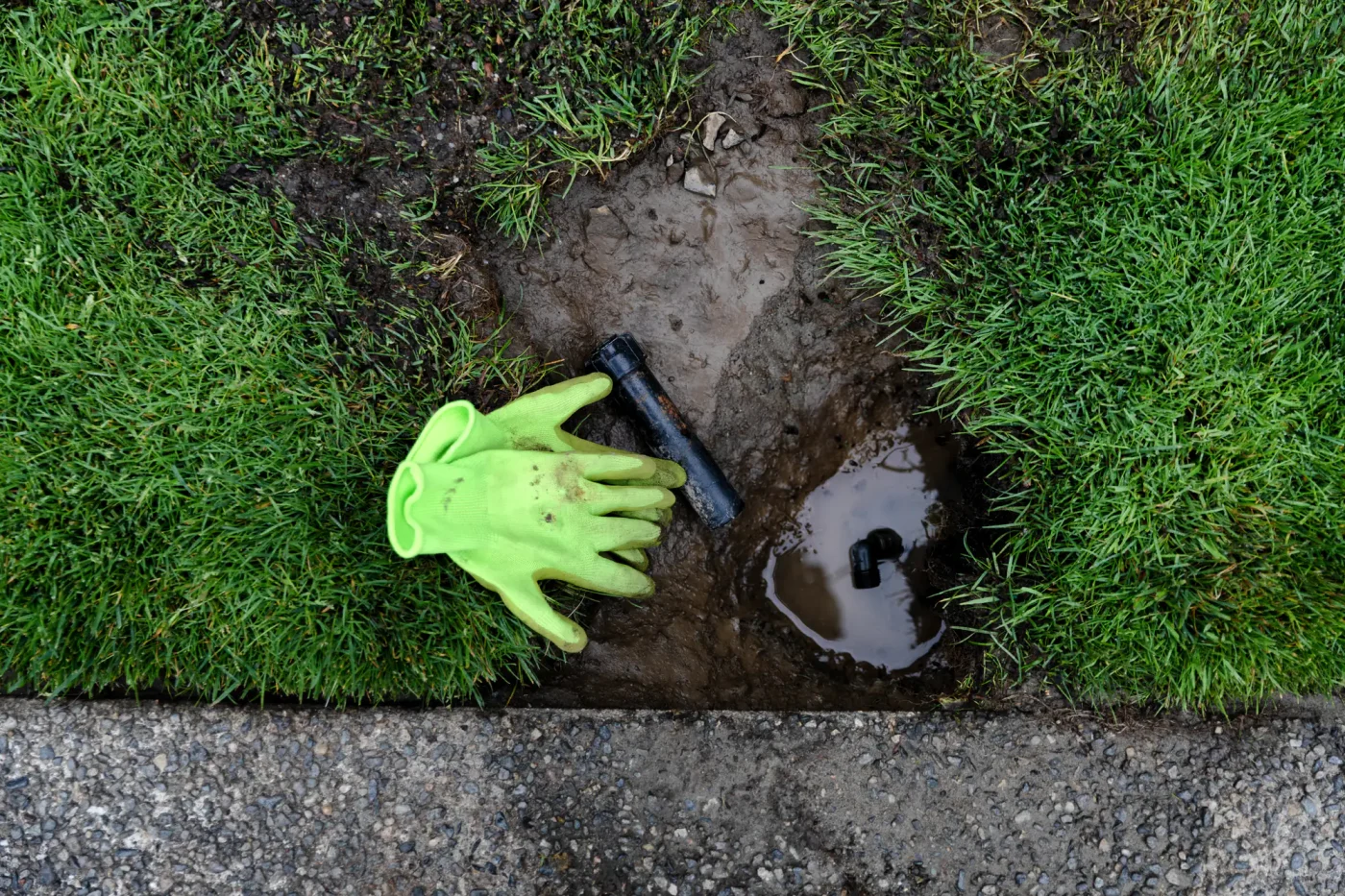 A muddy glove and irrigation pipe parts by a wet, dug-up lawn suggest sprinkler repair in Palm Beach County, FL.