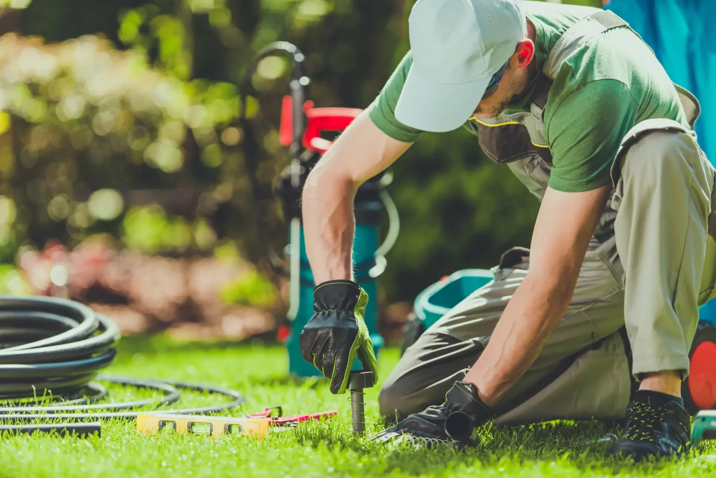 A gardener in gloves and a cap installs sprinklers on a green lawn in Palm Beach County, FL, tools beside him.