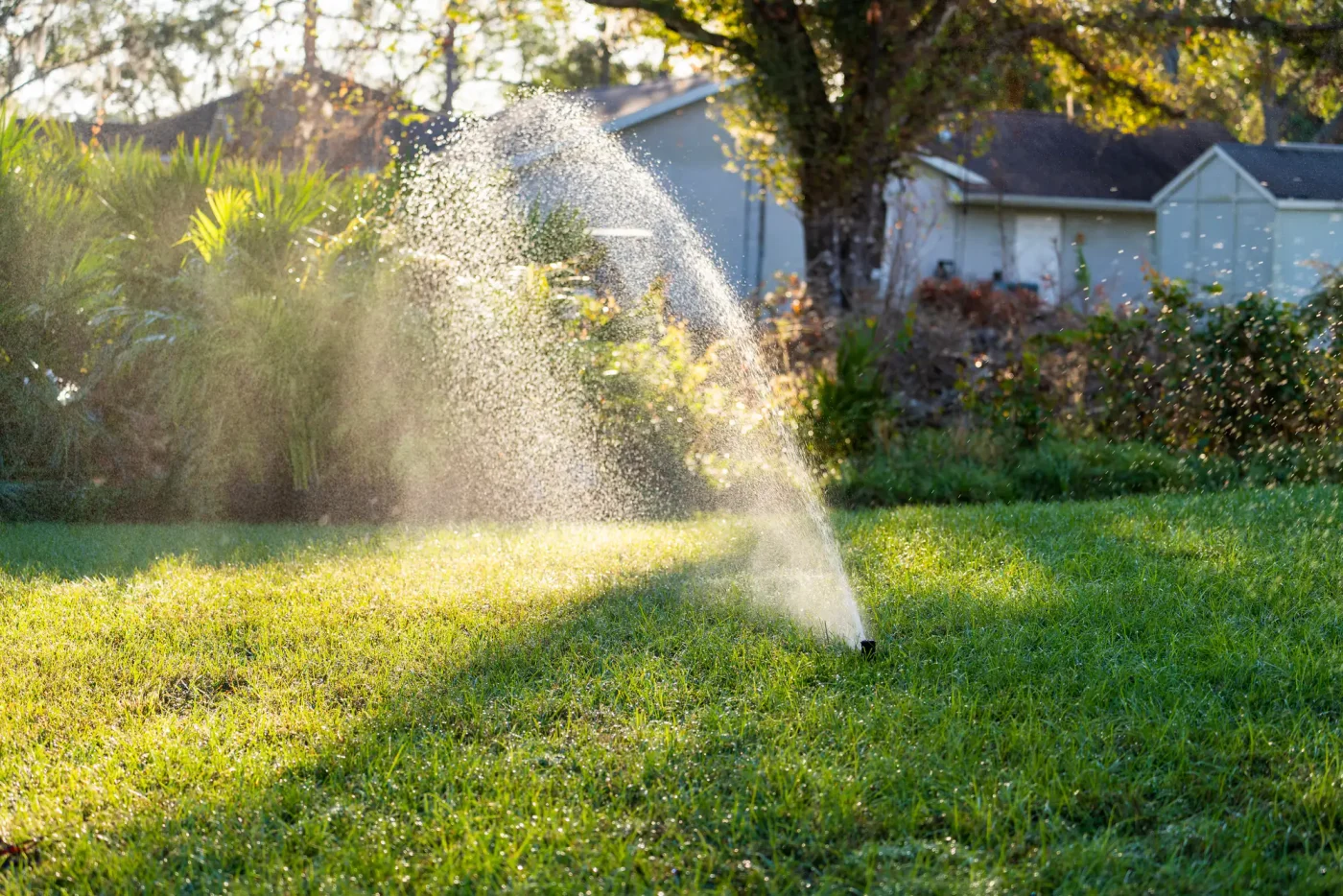 A sprinkler waters a lush green lawn beside a home, illustrating sprinkler repair in Palm Beach County, FL.