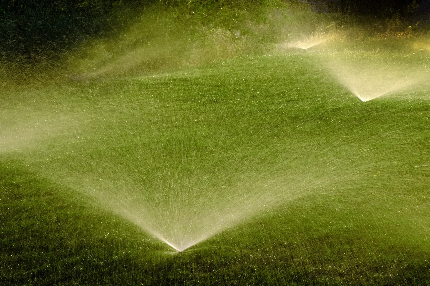 Sprinkler systems in Palm Beach County, FL spray water across a lush green lawn under bright sunlight.