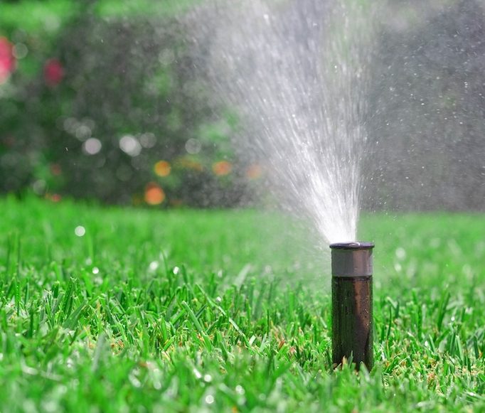 A lawn sprinkler waters lush green grass, illustrating efficient sprinkler systems Palm Beach County, FL.