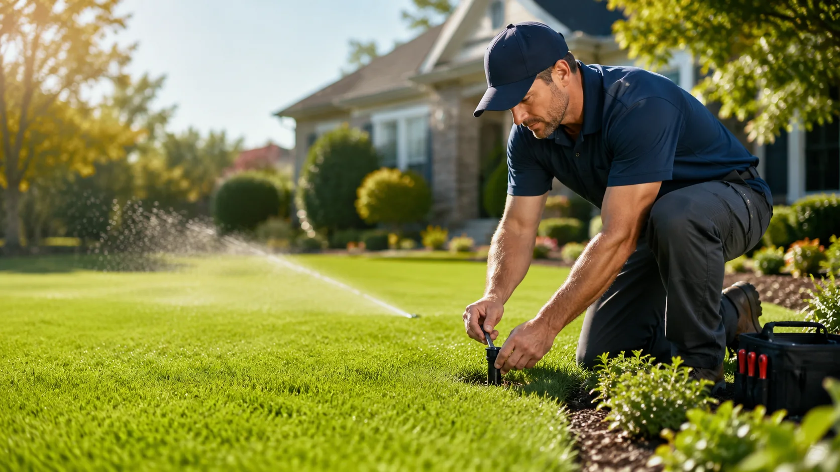 A man kneels on grass repairing a lawn sprinkler system in Palm Beach County, FL, house and garden behind.