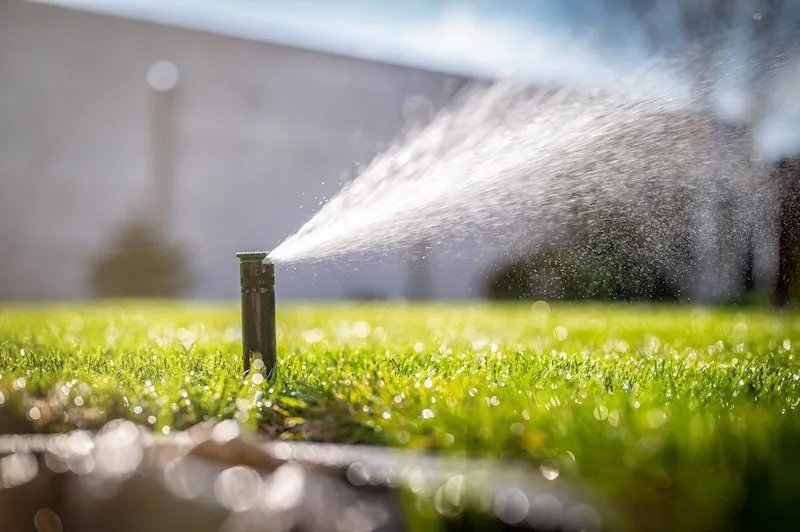 A lawn sprinkler in FL sprays water across vibrant green grass, droplets sparkling in bright sunlight.