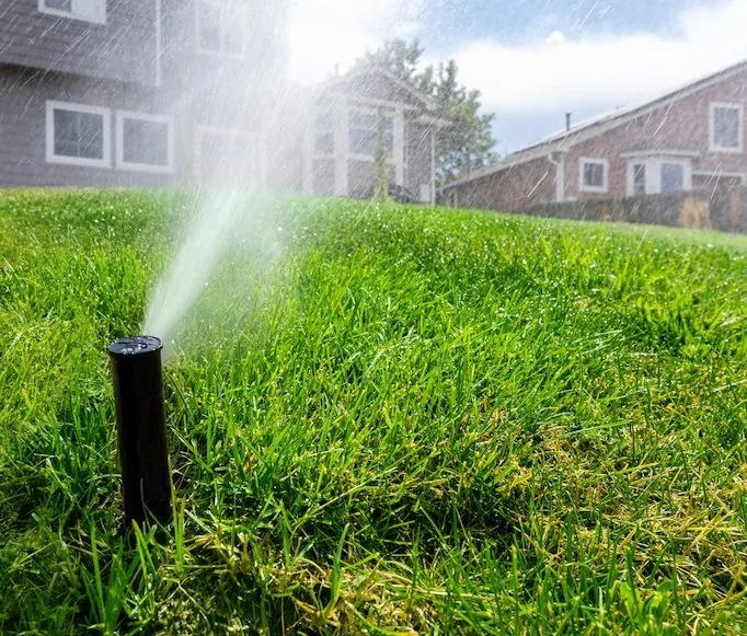 A sprinkler waters a lush green lawn, perfect for homes needing sprinkler repair in Palm Beach County, FL.