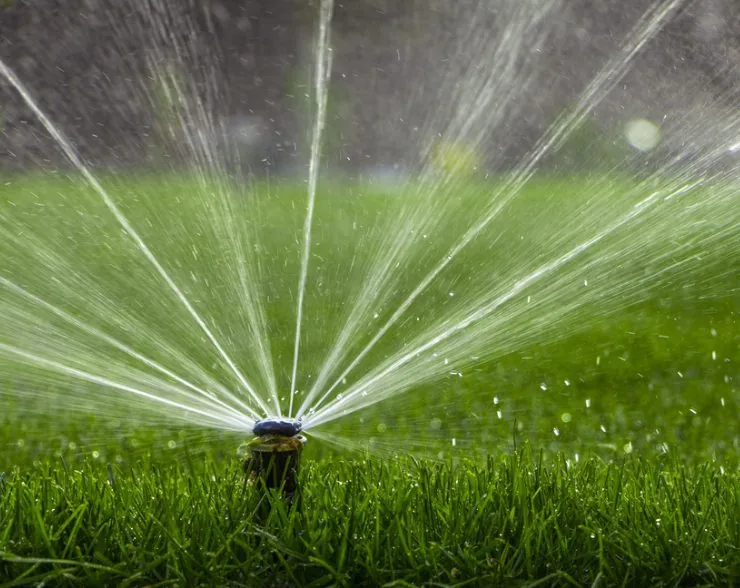 A sprinkler sprays water over a lush green lawn, highlighting expert sprinkler installation in Palm Beach County, FL.