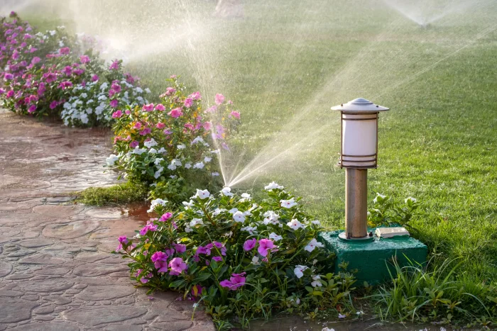 A garden sprinkler efficiently watering lush green grass in Palm Beach County, FL, providing optimal hydration for healthy lawns